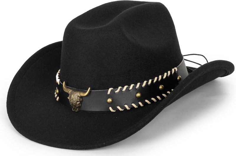 Eohak Womens Western Cowboy Hats Studded Pinched Western Cowgirl Hats Wide Brim Fedoras Hat with Belt Buckle (Size:Medium) - Image 1